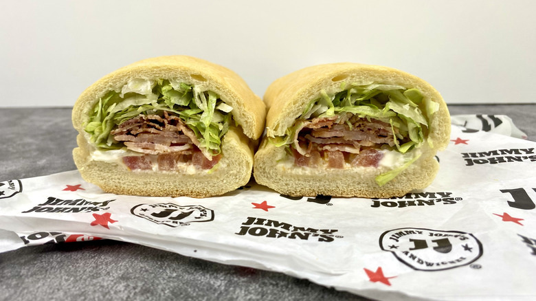 The Jimmy John's JJBLT on top of its paper packaging