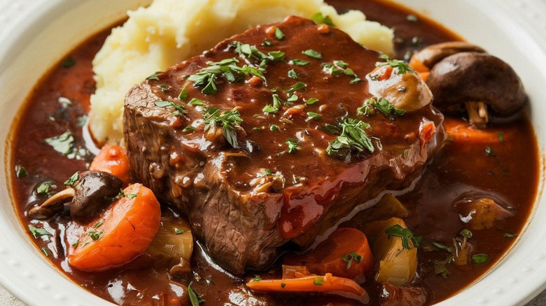 A plate of pot roast with vegetables and mashed potatoes