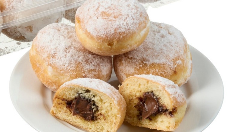 A close-up shot of a pile of the Kirkland Signature chocolate hazelnut mini chocolate beignets