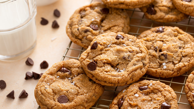 Chocolate chip cookies on a cooling rack