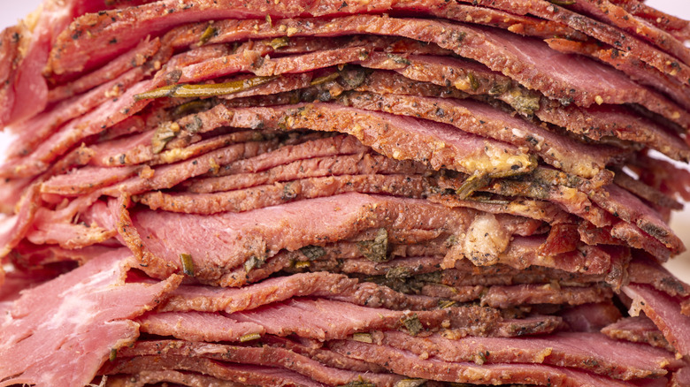 Cross section of stacked pastrami meat.