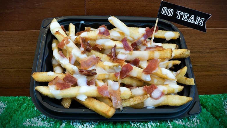 The Bacon Fondue Fries at Wendy's with a small 'Go Team' flag