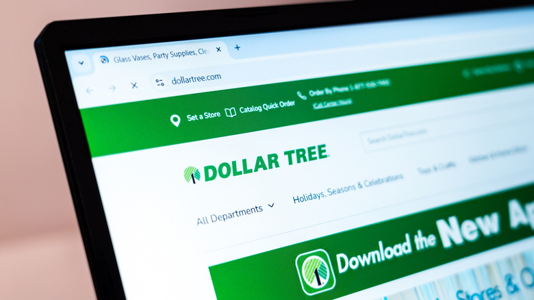 Close-up of a browser tab opened to the Dollar Tree website on laptop