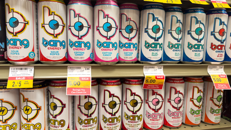 Display of different Bang flavors on a store shelf