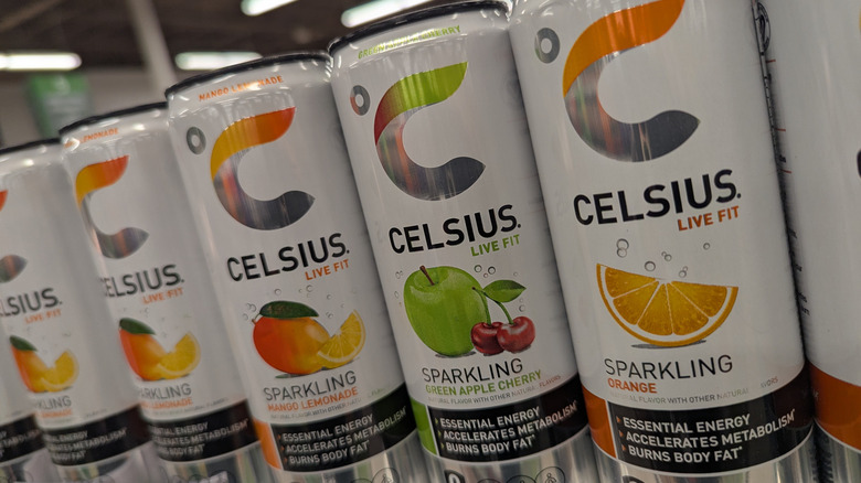 Shelf of different Celsius flavors