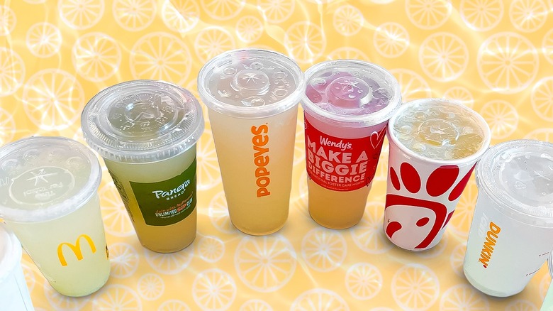 A arch of fast food lemonades in cups