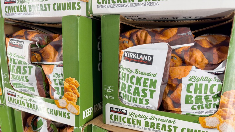 Bags of Kirkland Signature Lightly Breaded Chicken Breast Chunks stocked at Costco