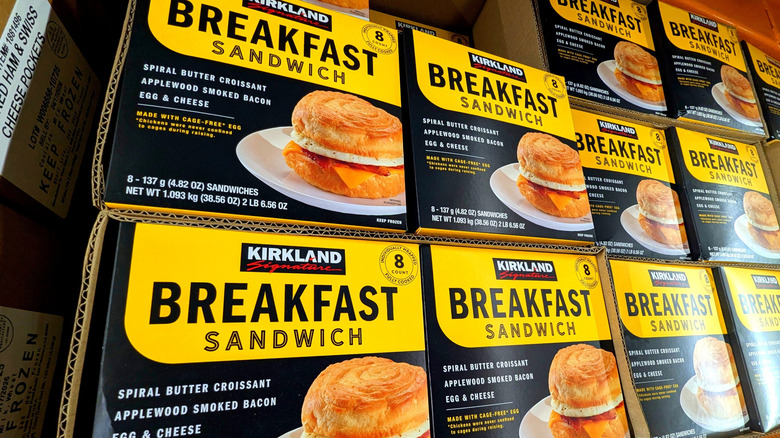 Boxes of Kirkland Signature Breakfast Sandwiches stocked at Costco