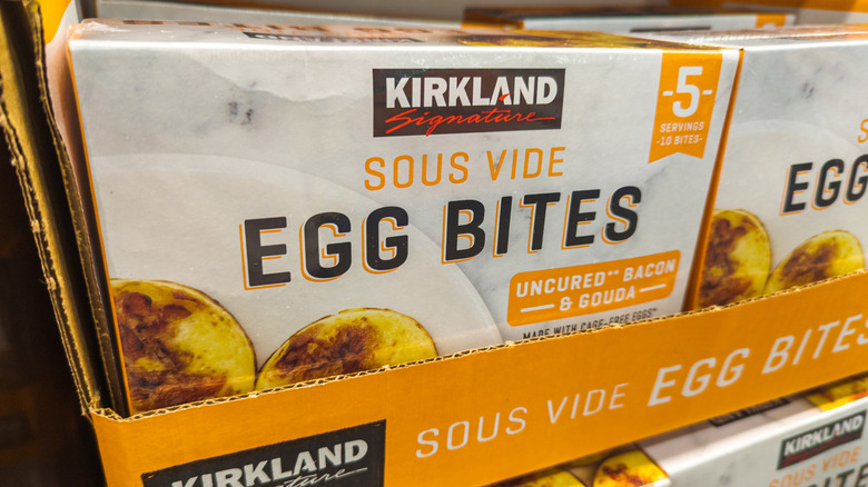Boxes of Kirkland Signature Sous Vide Egg Bites stocked at Costco