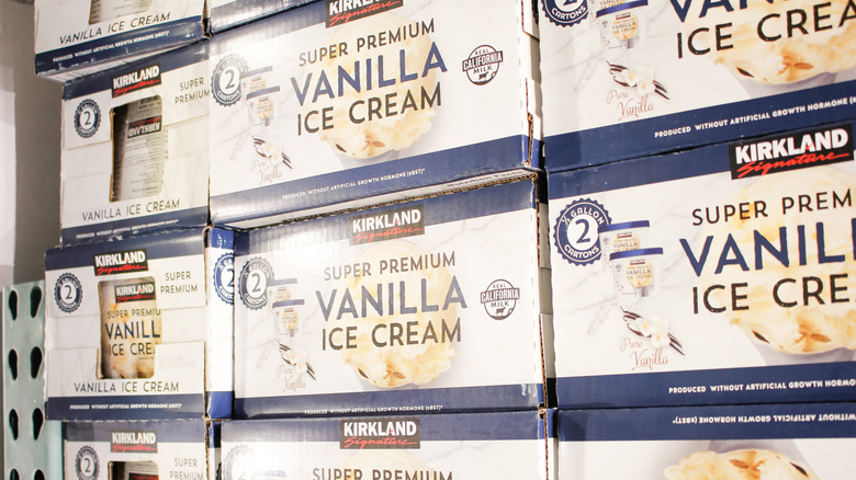 Boxes of Kirkland Signature Super Premium Vanilla Ice Cream stocked at Costco