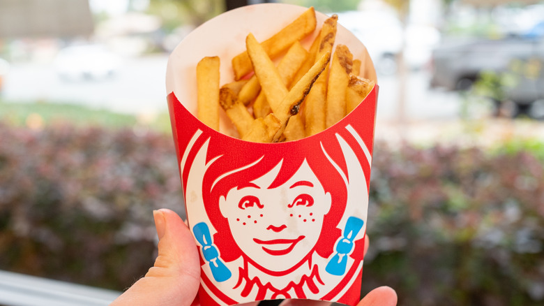 Hand holding a container of Wendy's French fries