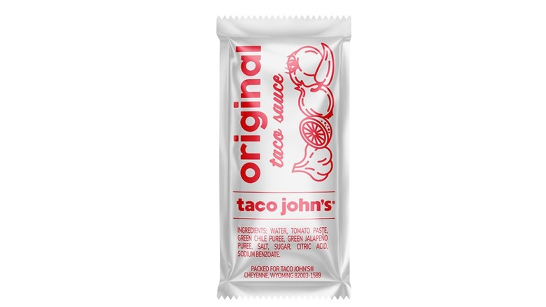 Packet of Taco John's Original Taco Sauce on a white background