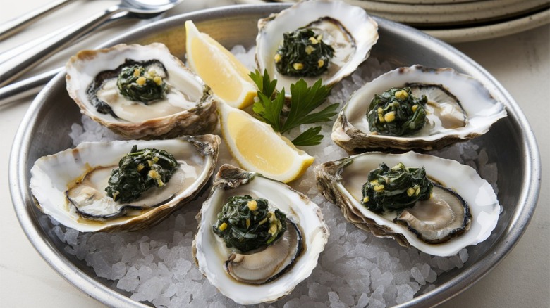 Oysters Rockefeller arranged in a circle on a plate