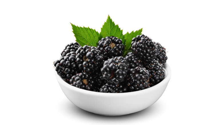 A pile of blackberries sits in a bowl