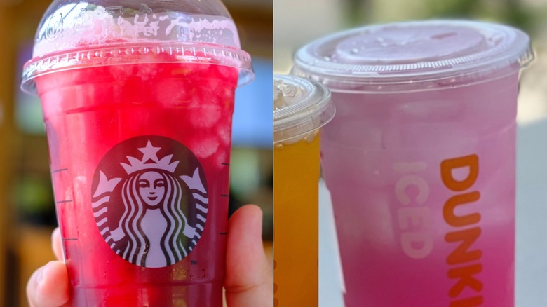 Starbucks pink drink and Dunkin' pink drink side by side