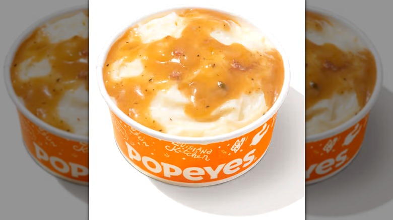 Popeyes mashed potatoes with gravy in a cup
