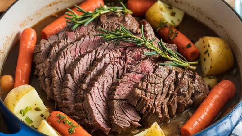 A pot roast with vegetables and broth in a Dutch oven