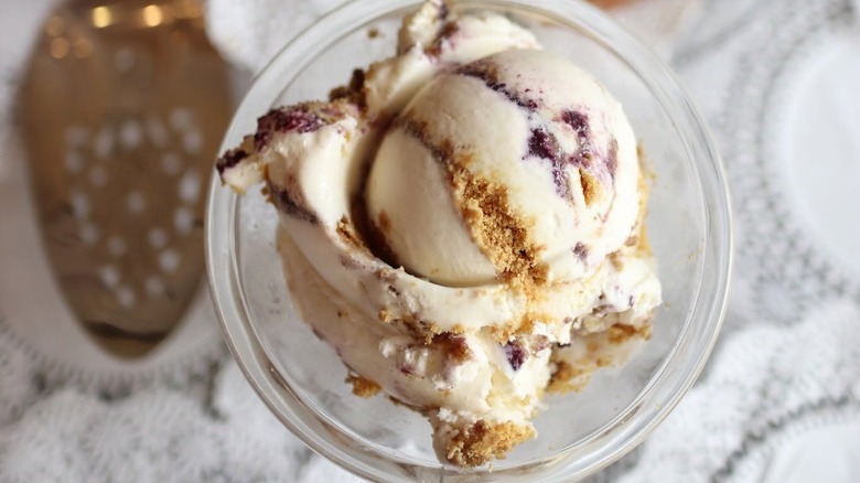 A bowl of blueberry cheesecake ice cream at Leopold's Ice Cream
