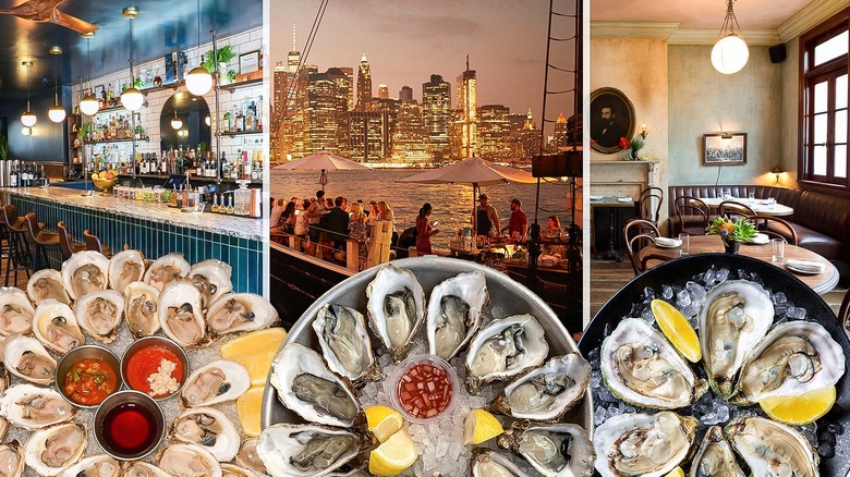 plates of oysters with restaurants in the background