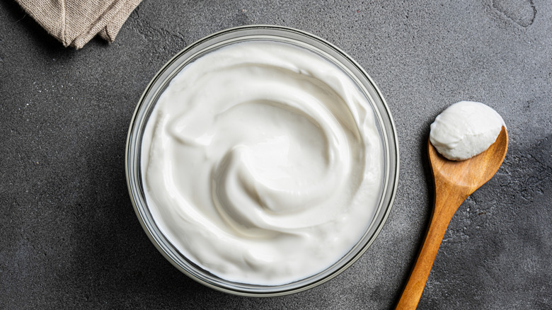 Homemade yogurt in a glass bowl on a black worktop with a wooden spoon nearby