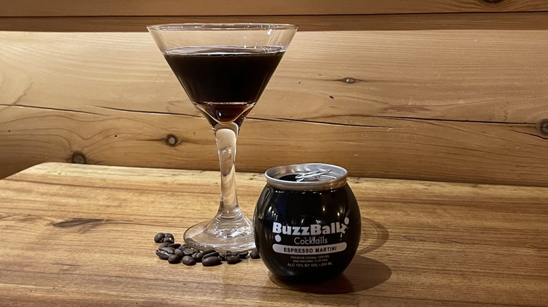 A Buzzballz espresso martini poured into a martini glass