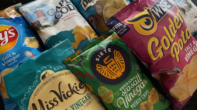 Multiple brands of sea salt and vinegar chip packages