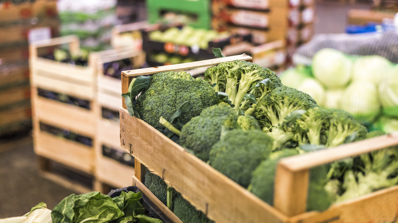 A crate of broccoli at a warehouse