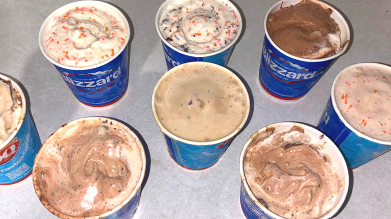 Up-close shot of 8 Dairy Queen Blizzards from above.