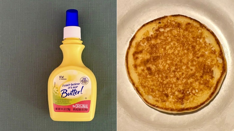 A split screen comparison of the I Can't Believe It's Not Butter! cooking spray bottle on the left and the pancake made in it's spray on the right