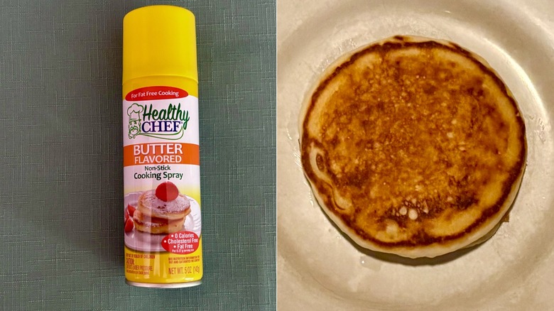 A split screen comparison of the Healthy Chef cooking spray bottle on the left and the pancake made in it's spray on the right