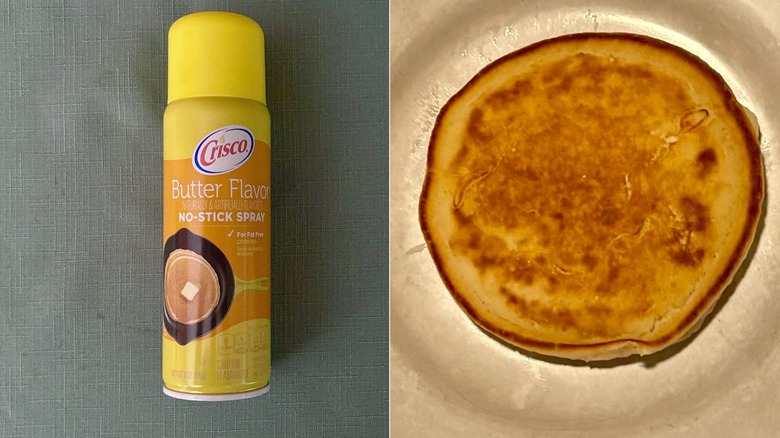 A split screen comparison of the Crisco cooking spray bottle on the left and the pancake made in it's spray on the right