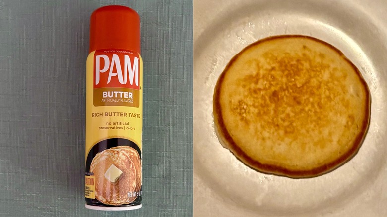 A split screen comparison of the Pam cooking spray bottle on the left and the pancake made in it's spray on the right