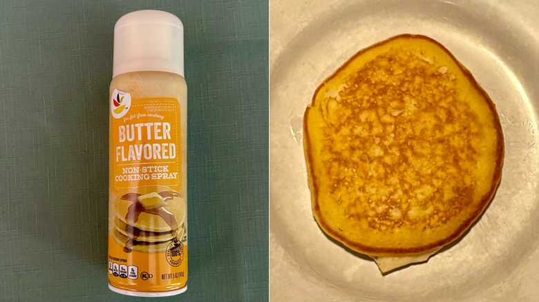 A split screen comparison of the Stop & Shop cooking spray bottle on the left and the pancake made in it's spray on the right