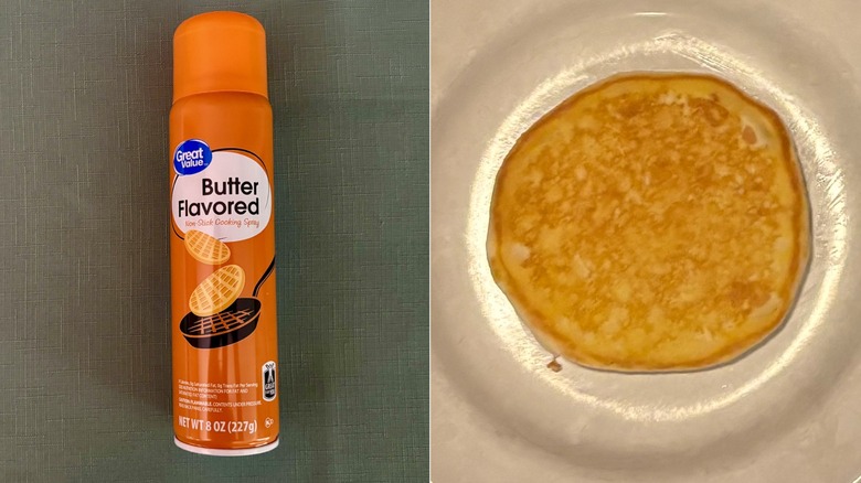 A split screen comparison of the Great Value cooking spray bottle on the left and the pancake made in it's spray on the right