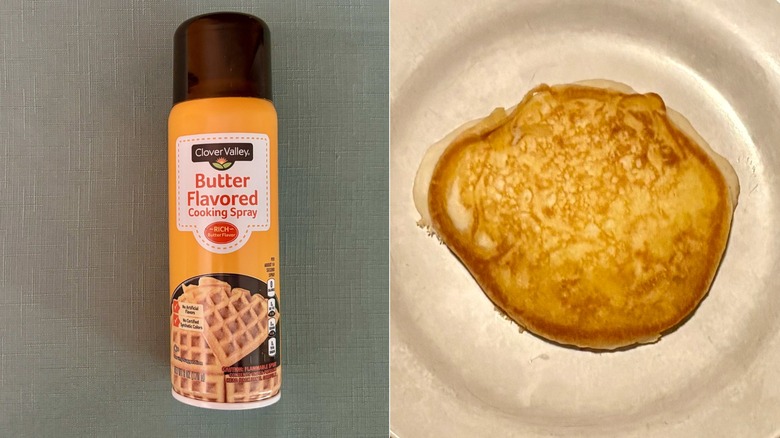 A split screen comparison of the Clover Valley cooking spray bottle on the left and the pancake made in it's spray on the right