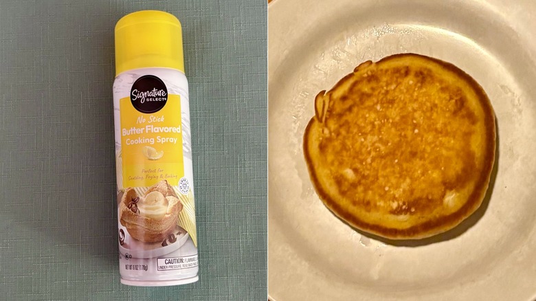A split screen comparison of the Signature Select cooking spray bottle on the left and the pancake made in its spray on the right