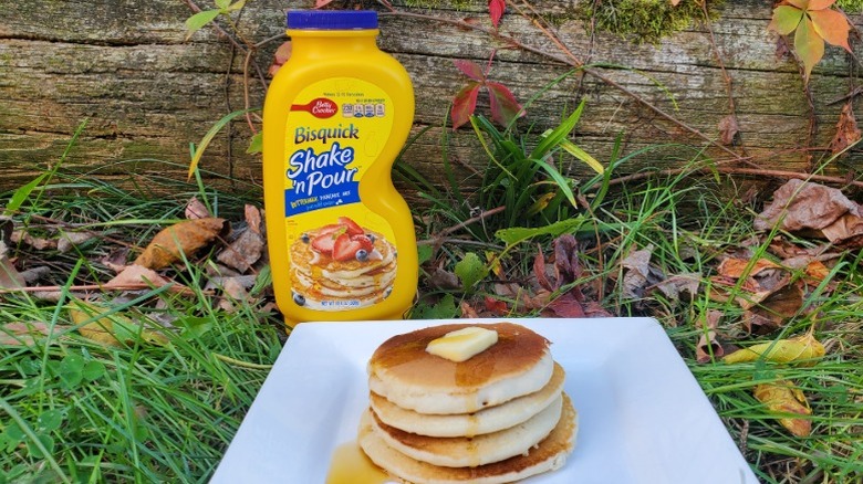 A stack of Bisquick Shake 'n Pour pancakes