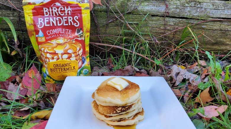 A stack of Birch Benders pancakes with butter and syrup