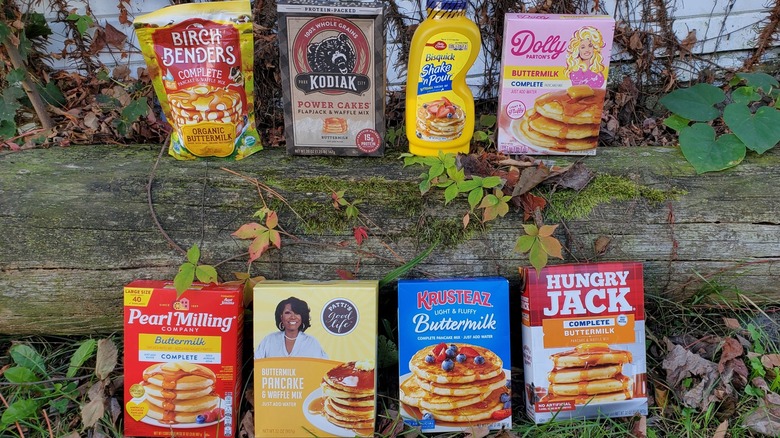 assorted brands of complete buttermilk pancake mixes