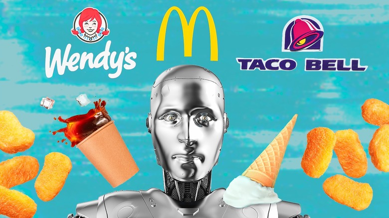 Composite photo showing silver android head and shoulders with an ice cream cone stuck on its shoulder, surrounded by chicken nuggets and a drink, under the logos for Wendy's, McDonald's, and Taco Bell