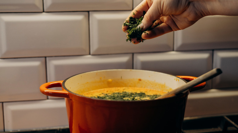 Fresh herbs are added to a pot of soup