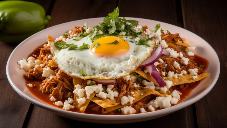 A plate of chilaquiles with a fried egg