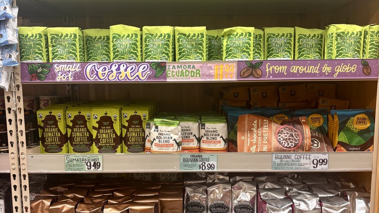 Trader Joe's shelves filled with various coffee beans