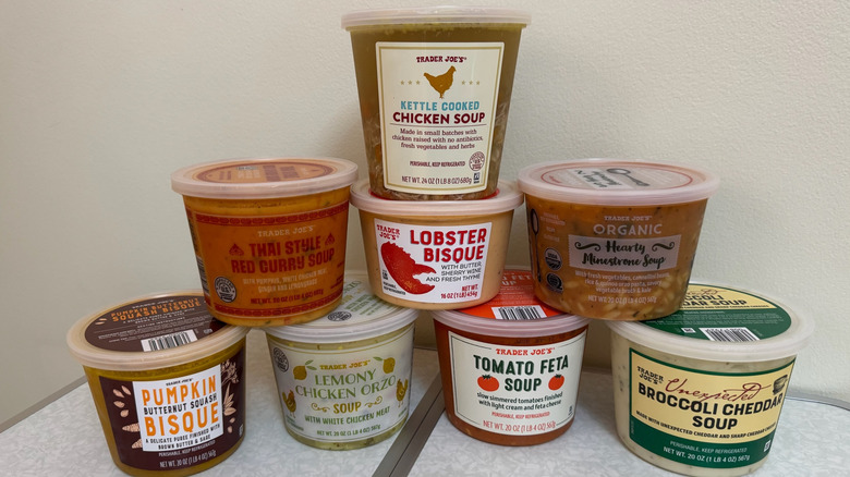 An assortment of Trader Joe's soups arranged in a pyramid