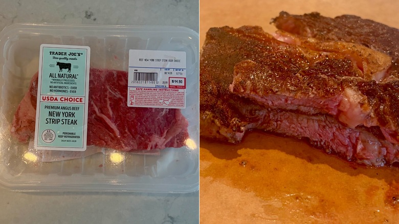 A split image of the Trader Joe's All-Natural USDA Choice Premium Angus Beef New York Strip Steak, raw in its packaging and cooked on a cutting board