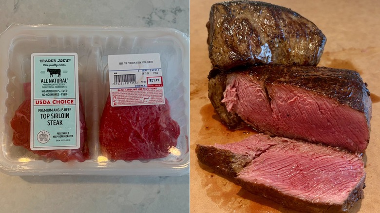 A split image of the Trader Joe's All-Natural USDA Choice Premium Angus Beef Top Sirloin Steak, raw in its packaging and cooked on a cutting board