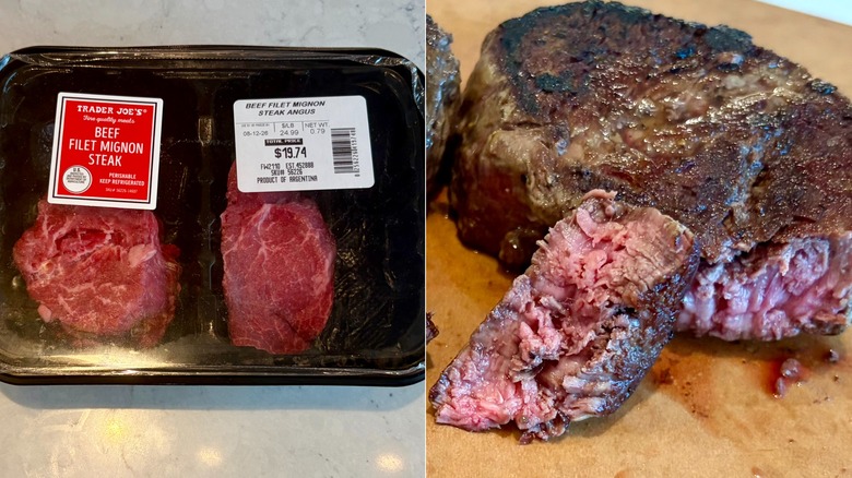 A split image of the Trader Joe's Beef Filet Mignon Steak, raw in its packaging and cooked on a cutting board