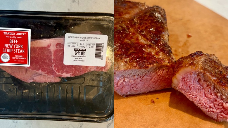A split image of the Trader Joe's Beef New York Strip Steak, raw in its packaging and cooked on a cutting board