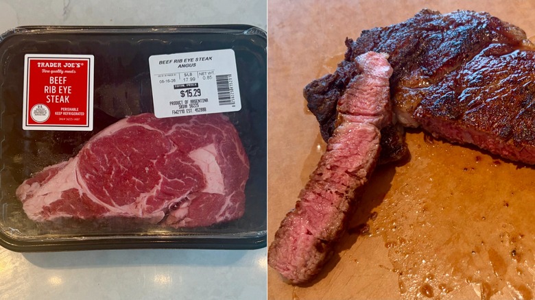 A split image of the Trader Joe's Beef Rib Eye Steak, raw in its packaging and cooked on a cutting board