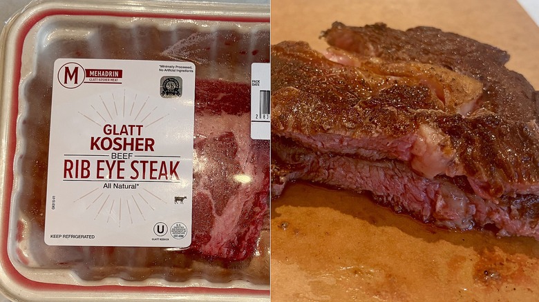 A split image of the Trader Joe's Glatt Kosher Rib Eye Steak, raw in its packaging and cooked on a cutting board